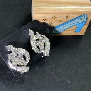 Vintage Party Statement Silver Rhinestones Clip -On  Earrings